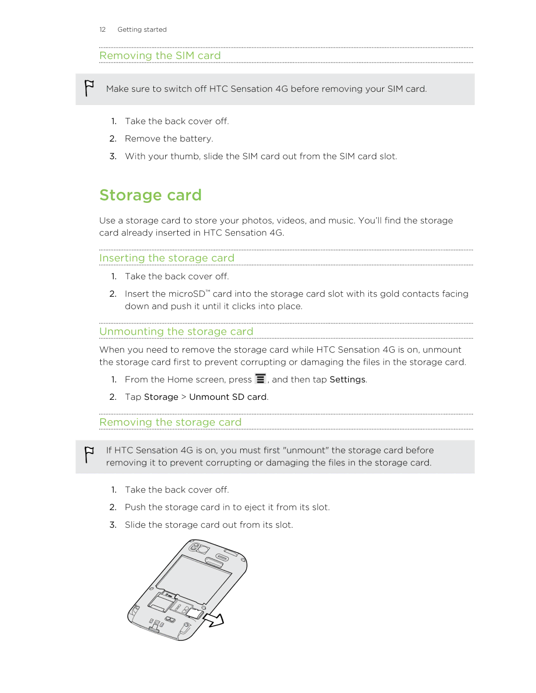 HTC 99HNA034-00 manual Storage card, Removing the SIM card, Inserting the storage card, Unmounting the storage card 