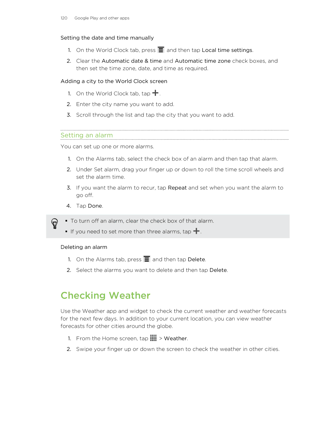 HTC 99HNA034-00 manual Checking Weather, Setting an alarm 