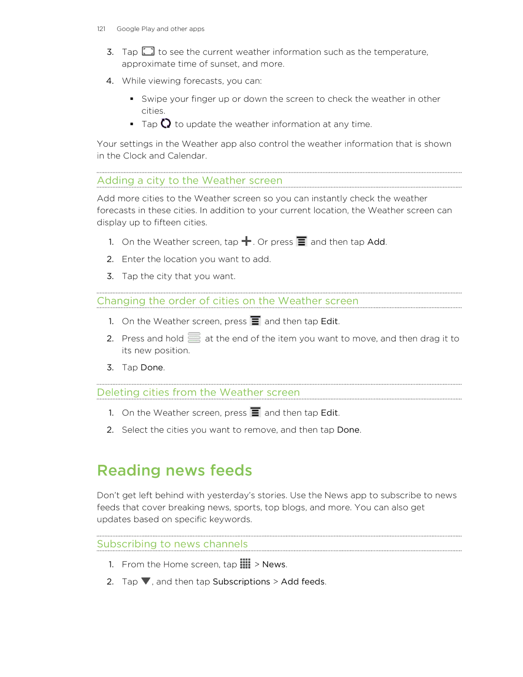 HTC 99HNA034-00 manual Reading news feeds, Adding a city to the Weather screen, Deleting cities from the Weather screen 