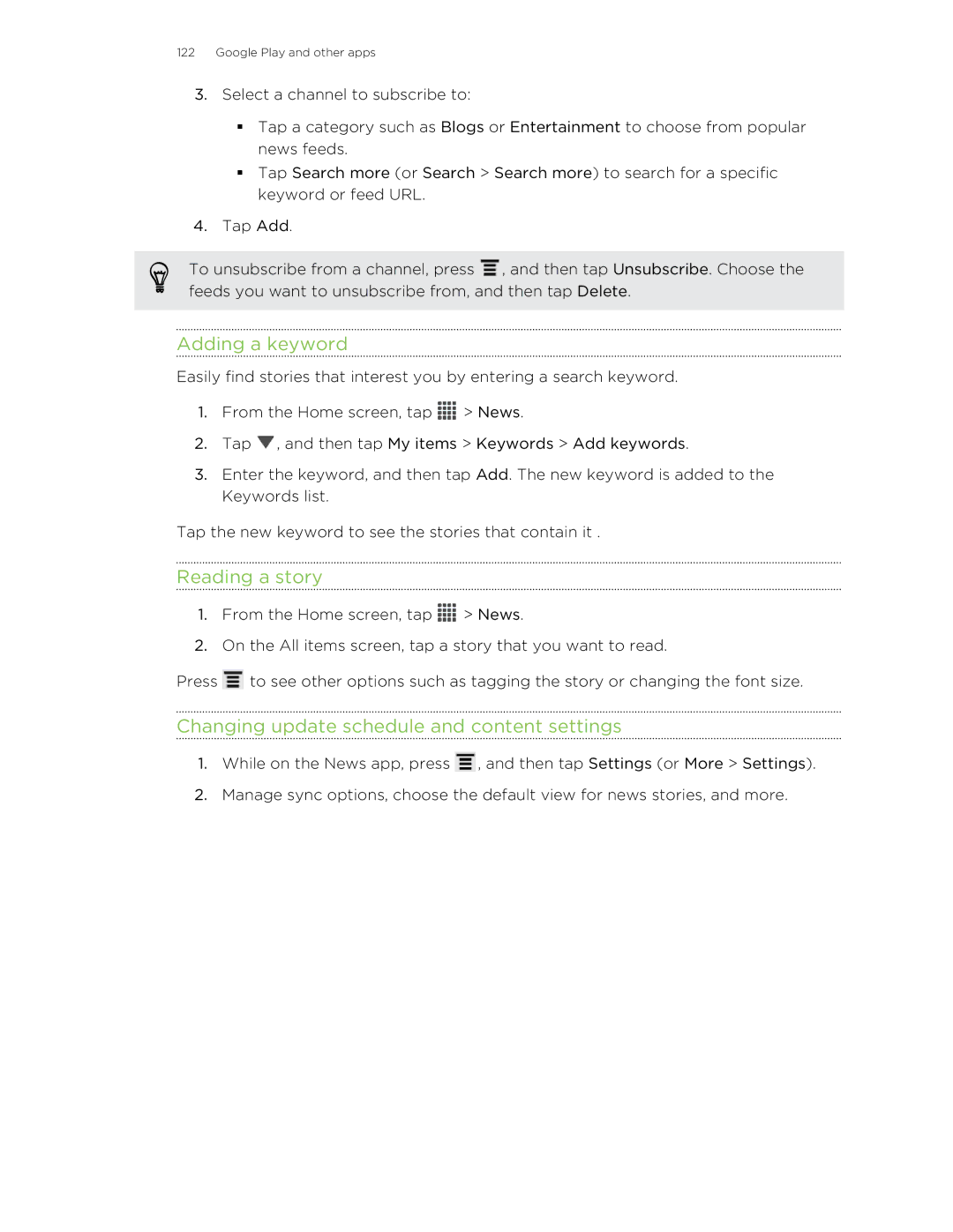 HTC 99HNA034-00 manual Adding a keyword, Reading a story, Changing update schedule and content settings 