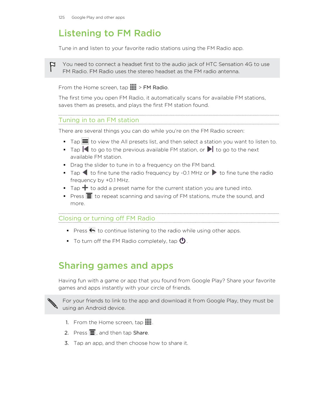 HTC 99HNA034-00 Listening to FM Radio, Sharing games and apps, Tuning in to an FM station, Closing or turning off FM Radio 