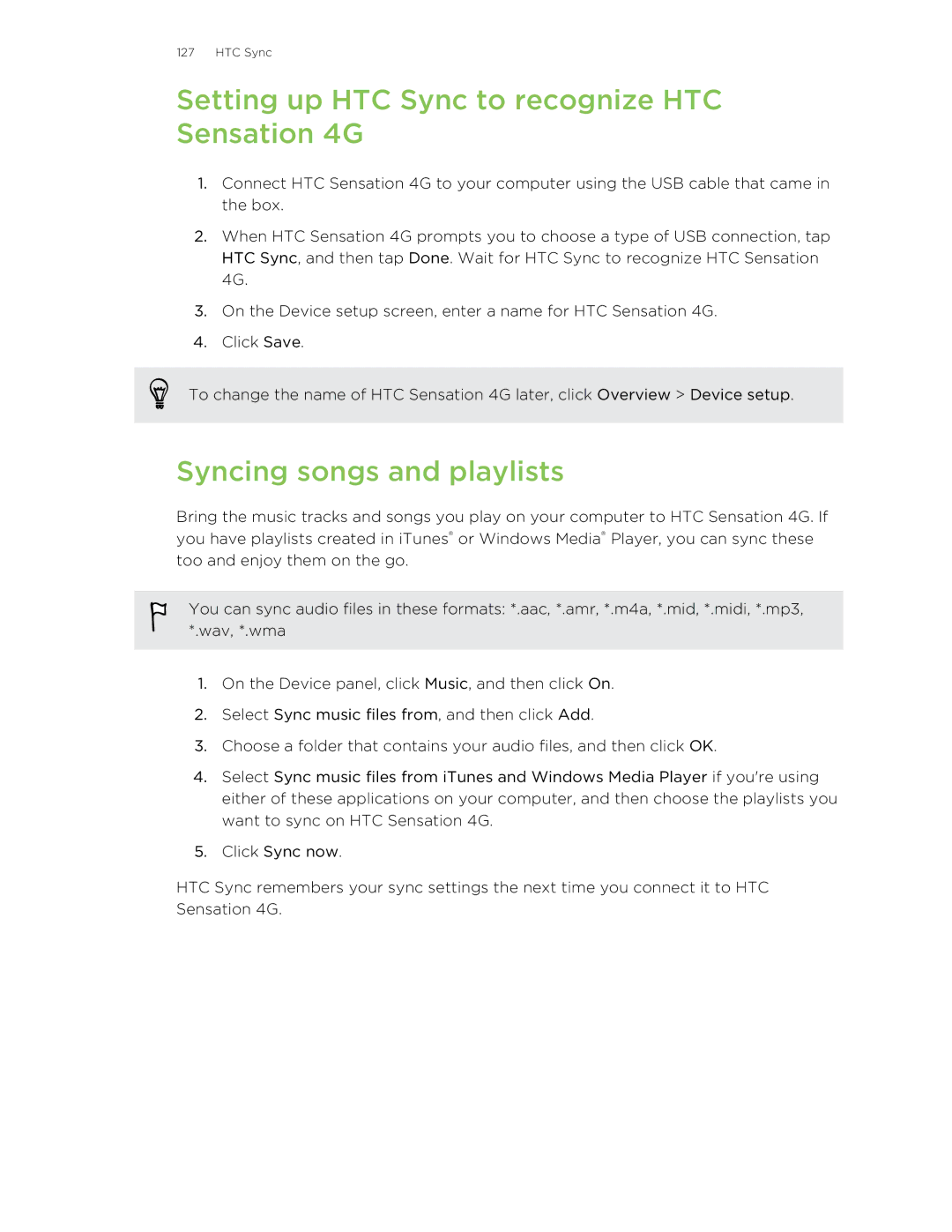 HTC 99HNA034-00 manual Setting up HTC Sync to recognize HTC Sensation 4G, Syncing songs and playlists 