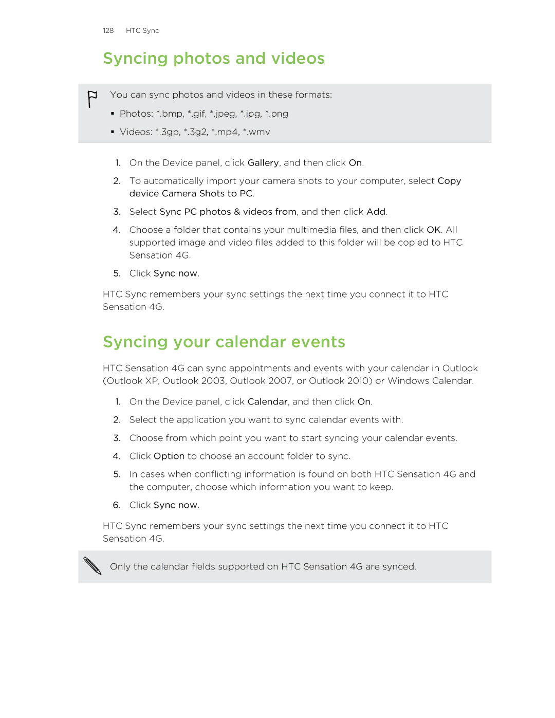 HTC 99HNA034-00 manual Syncing photos and videos, Syncing your calendar events 