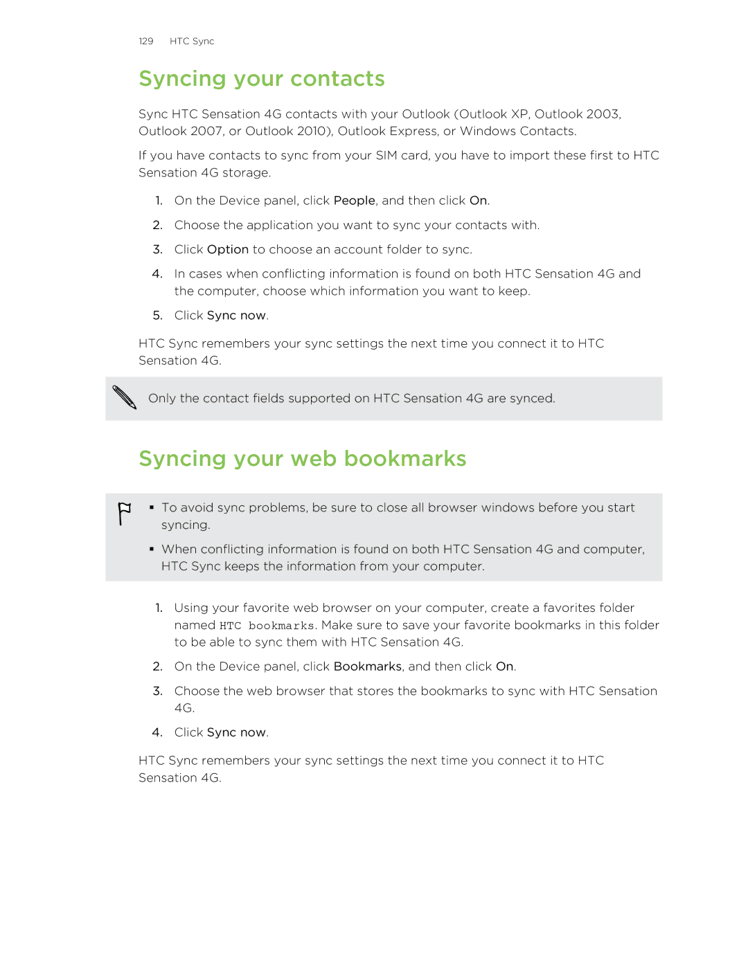 HTC 99HNA034-00 manual Syncing your contacts, Syncing your web bookmarks 