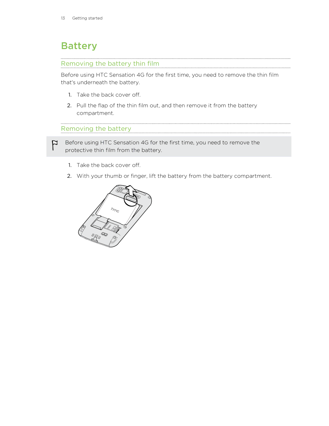 HTC 99HNA034-00 manual Battery, Removing the battery thin film 