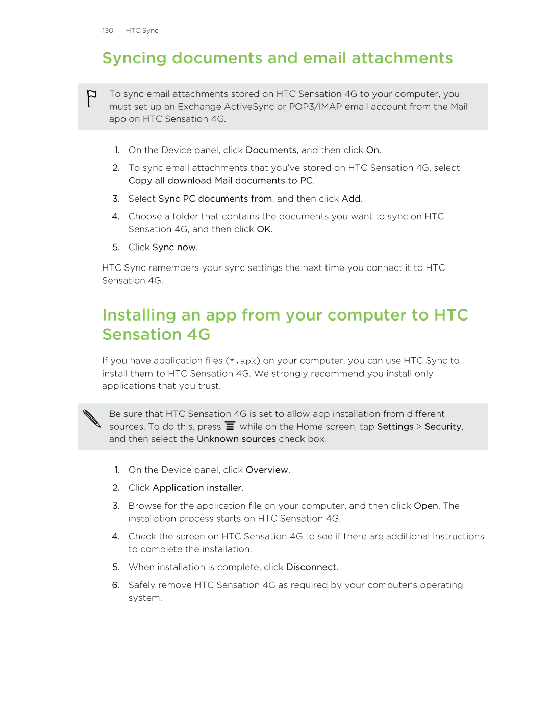 HTC 99HNA034-00 manual Syncing documents and email attachments, Installing an app from your computer to HTC Sensation 4G 