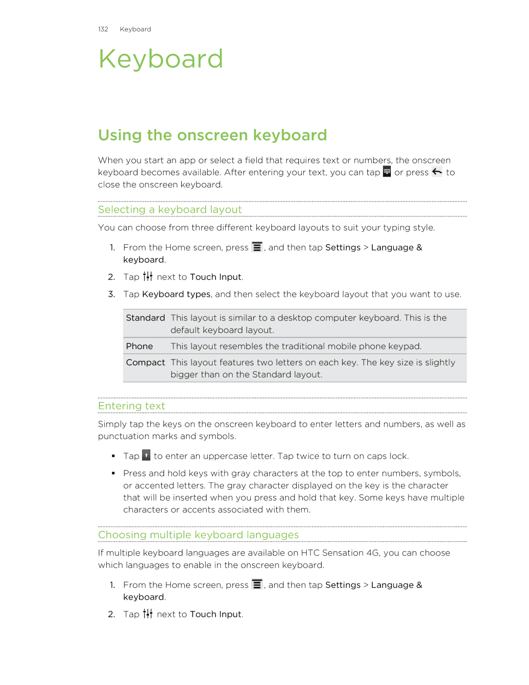 HTC 99HNA034-00 manual Keyboard, Using the onscreen keyboard, Selecting a keyboard layout, Entering text 