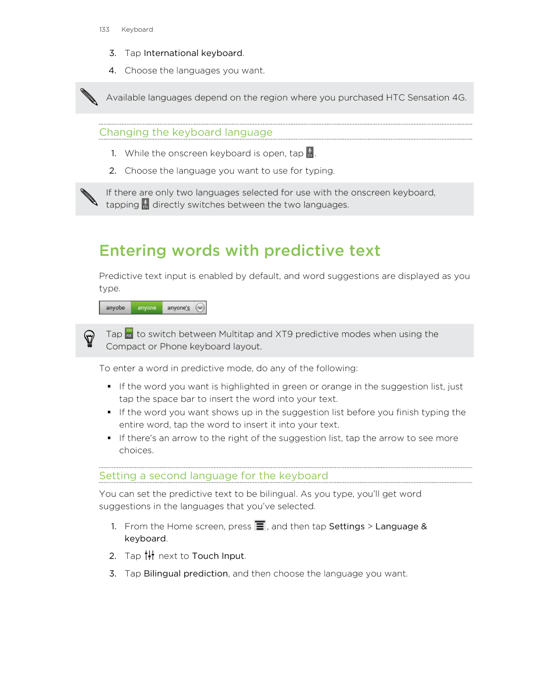 HTC 99HNA034-00 manual Entering words with predictive text, Changing the keyboard language 