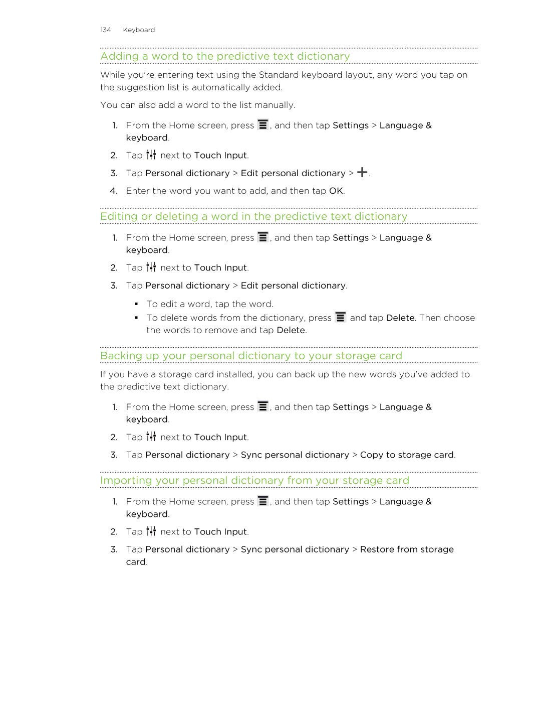 HTC 99HNA034-00 Adding a word to the predictive text dictionary, Backing up your personal dictionary to your storage card 
