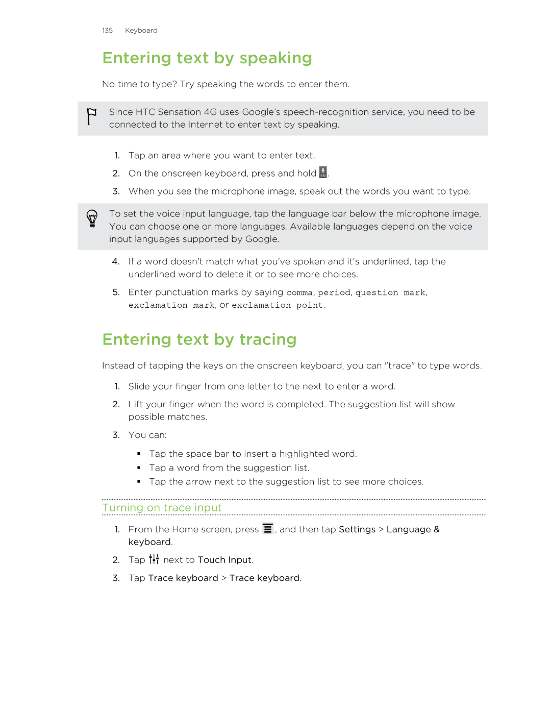 HTC 99HNA034-00 manual Entering text by speaking, Entering text by tracing, Turning on trace input 