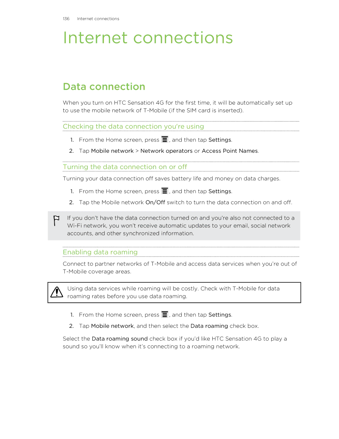 HTC 99HNA034-00 Internet connections, Data connection, Checking the data connection youre using, Enabling data roaming 