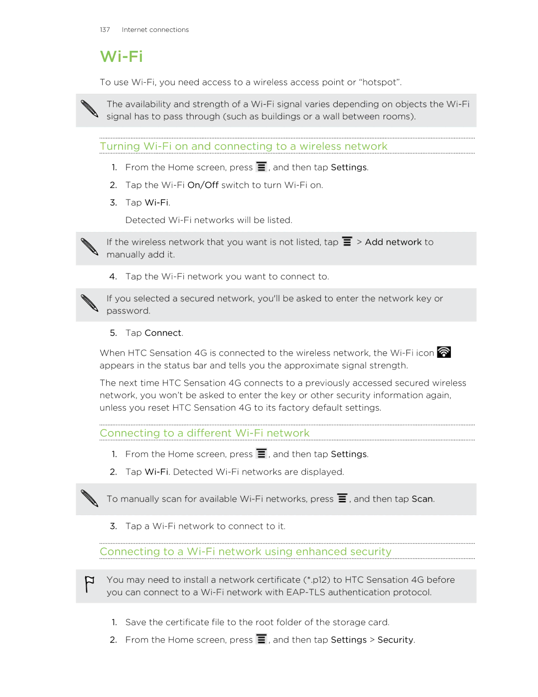 HTC 99HNA034-00 manual Turning Wi-Fi on and connecting to a wireless network, Connecting to a different Wi-Fi network 