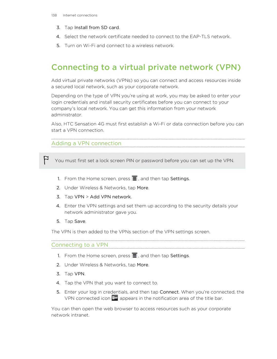 HTC 99HNA034-00 manual Connecting to a virtual private network VPN, Adding a VPN connection, Connecting to a VPN 