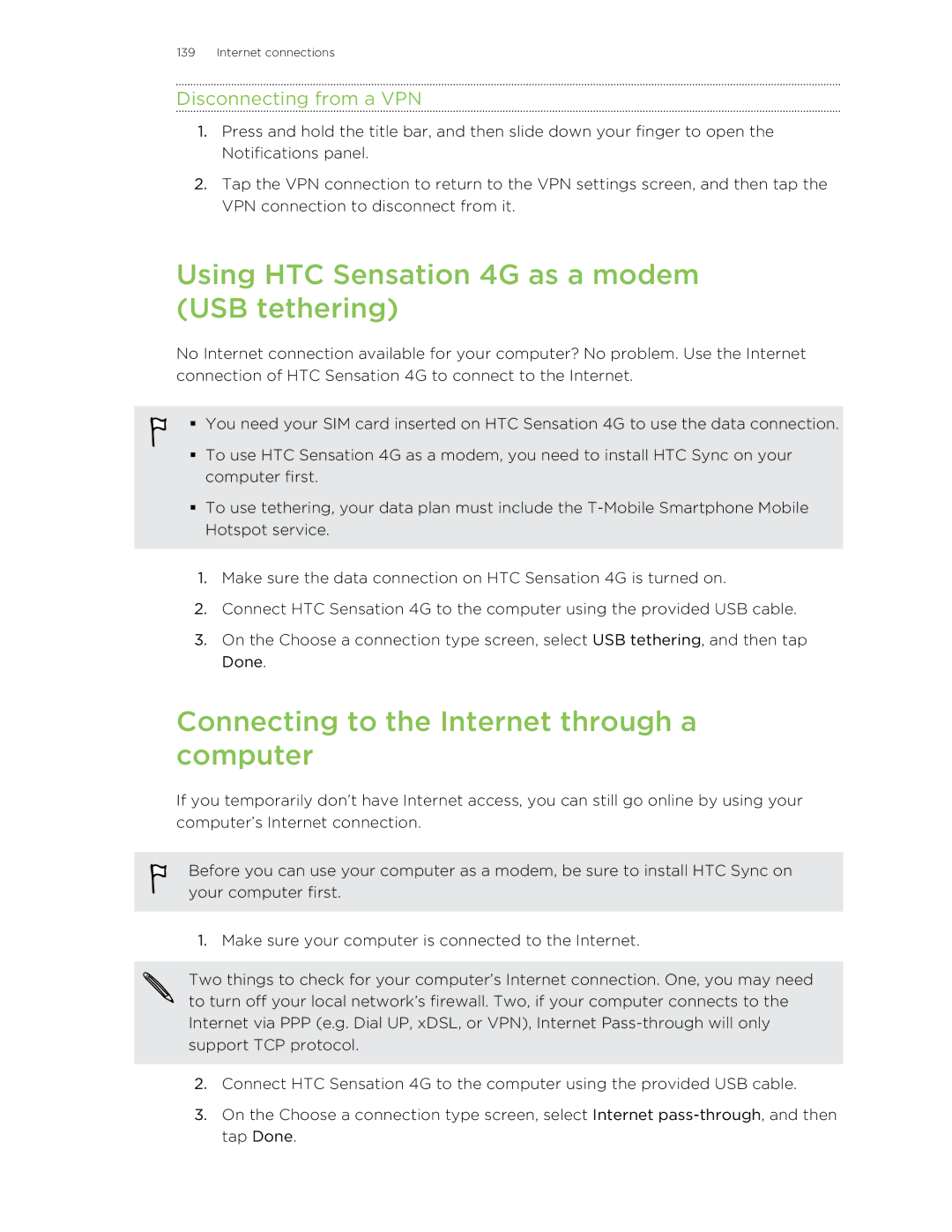 HTC 99HNA034-00 manual Using HTC Sensation 4G as a modem USB tethering, Connecting to the Internet through a computer 