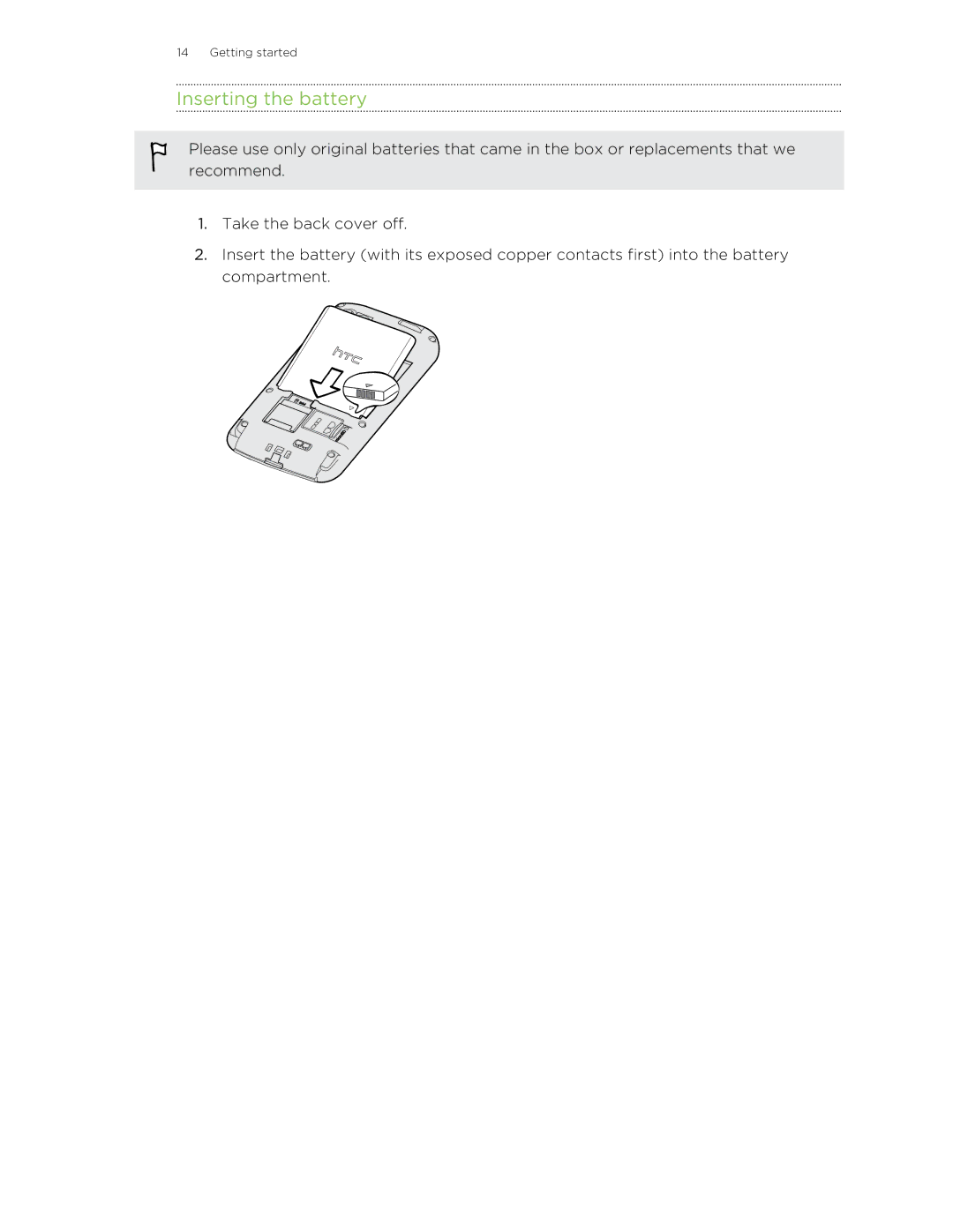 HTC 99HNA034-00 manual Inserting the battery 