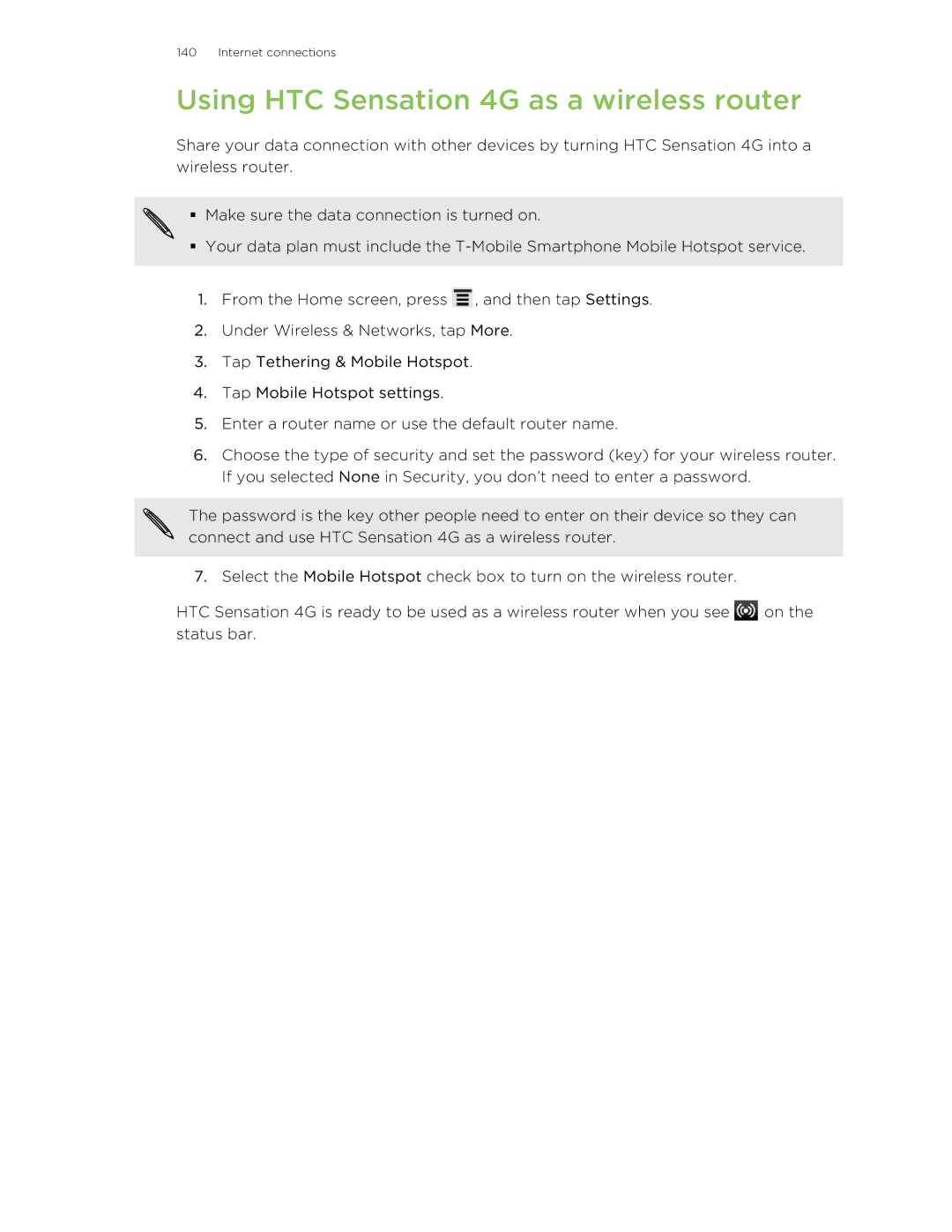 HTC 99HNA034-00 manual Using HTC Sensation 4G as a wireless router 