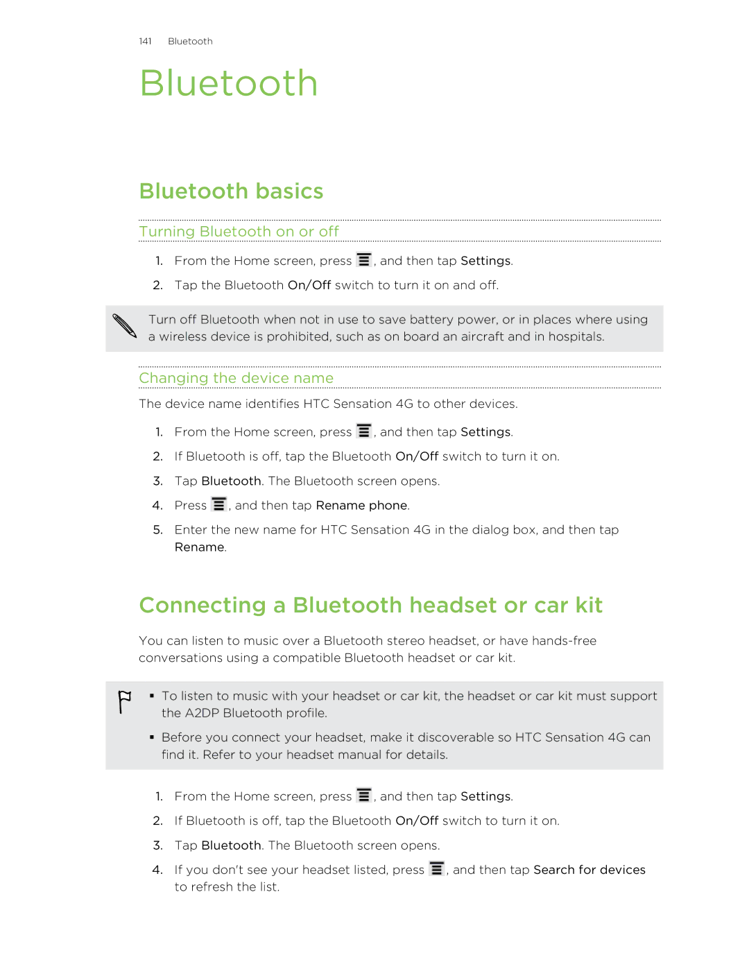 HTC 99HNA034-00 manual Bluetooth basics, Connecting a Bluetooth headset or car kit, Turning Bluetooth on or off 