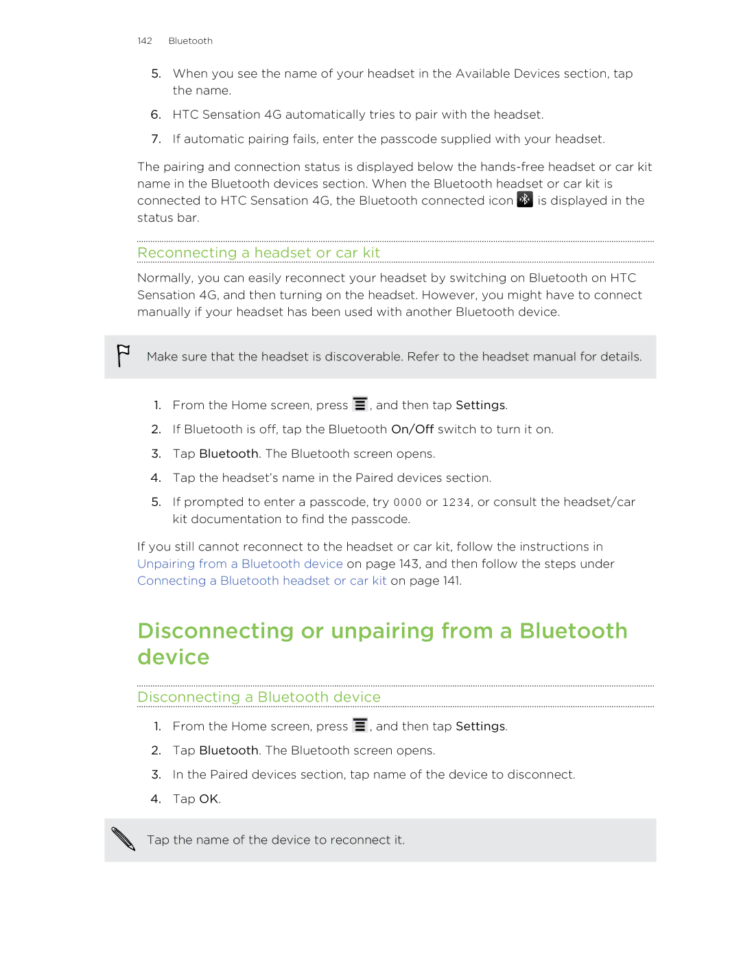 HTC 99HNA034-00 manual Disconnecting or unpairing from a Bluetooth device, Reconnecting a headset or car kit 