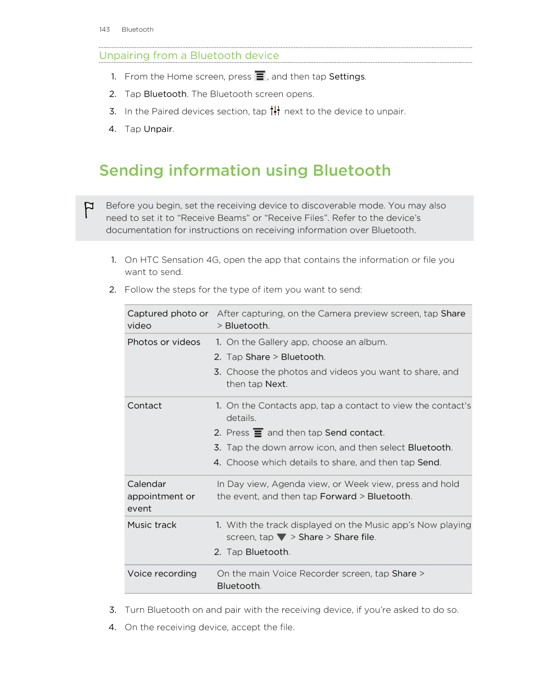 HTC 99HNA034-00 manual Sending information using Bluetooth, Unpairing from a Bluetooth device 