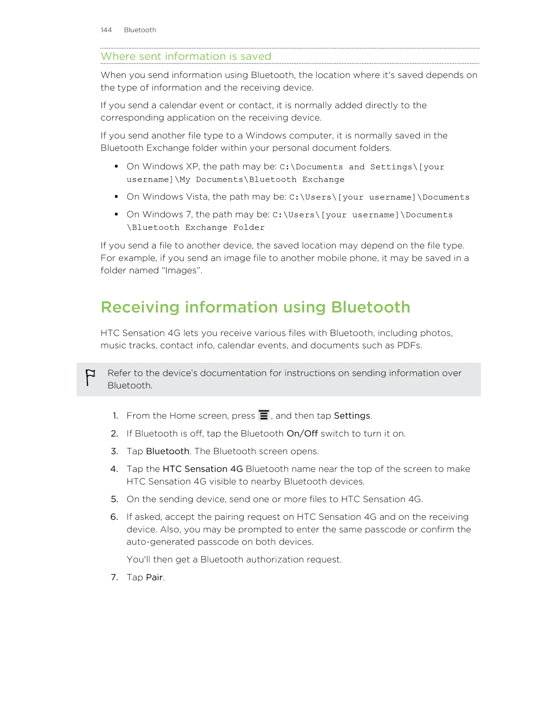 HTC 99HNA034-00 manual Receiving information using Bluetooth, Where sent information is saved 