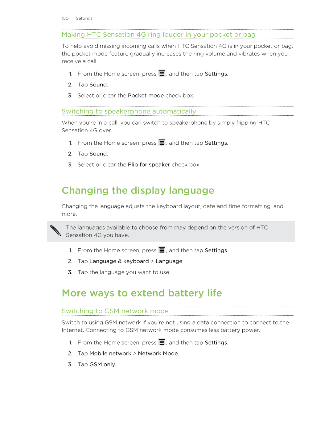 HTC 99HNA034-00 Changing the display language, More ways to extend battery life, Switching to speakerphone automatically 