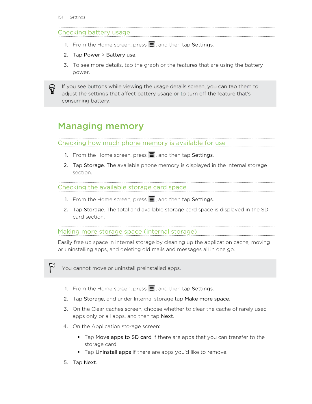 HTC 99HNA034-00 manual Managing memory, Checking battery usage, Checking how much phone memory is available for use 