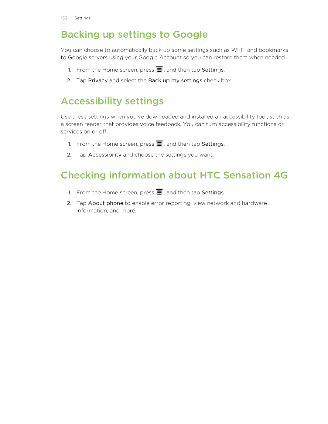 HTC 99HNA034-00 manual Backing up settings to Google, Accessibility settings, Checking information about HTC Sensation 4G 