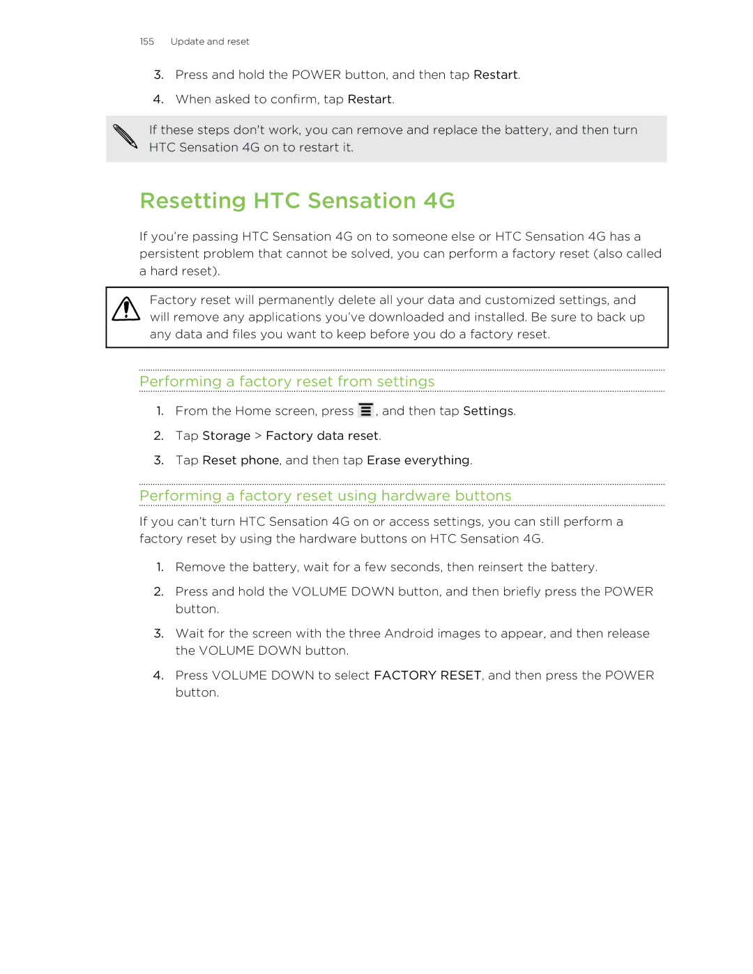 HTC 99HNA034-00 manual Resetting HTC Sensation 4G, Performing a factory reset from settings 