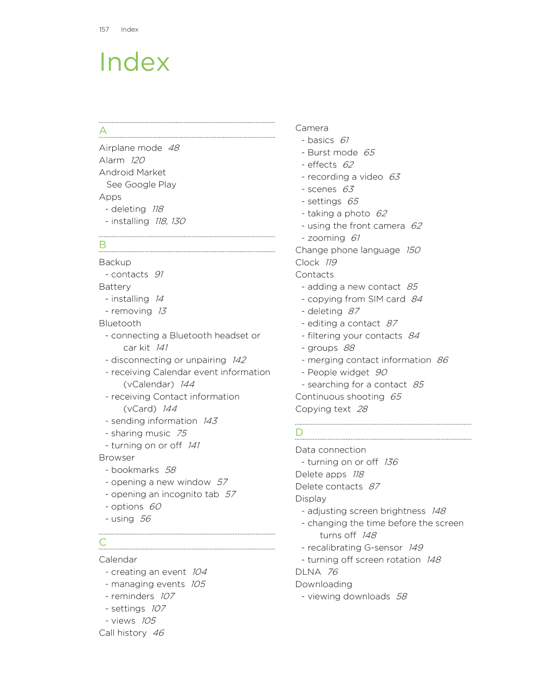 HTC 99HNA034-00 manual Index 