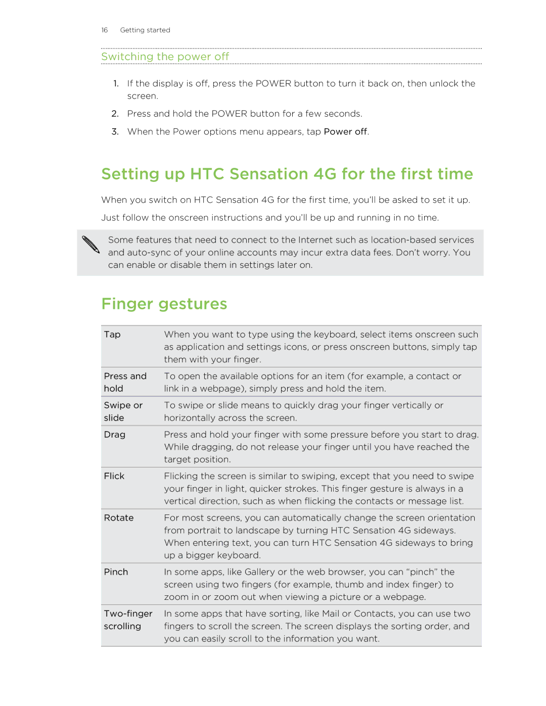 HTC 99HNA034-00 manual Setting up HTC Sensation 4G for the first time, Finger gestures, Switching the power off 