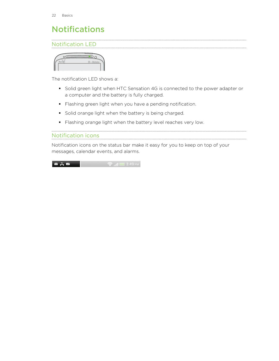 HTC 99HNA034-00 manual Notifications, Notification LED, Notification icons 