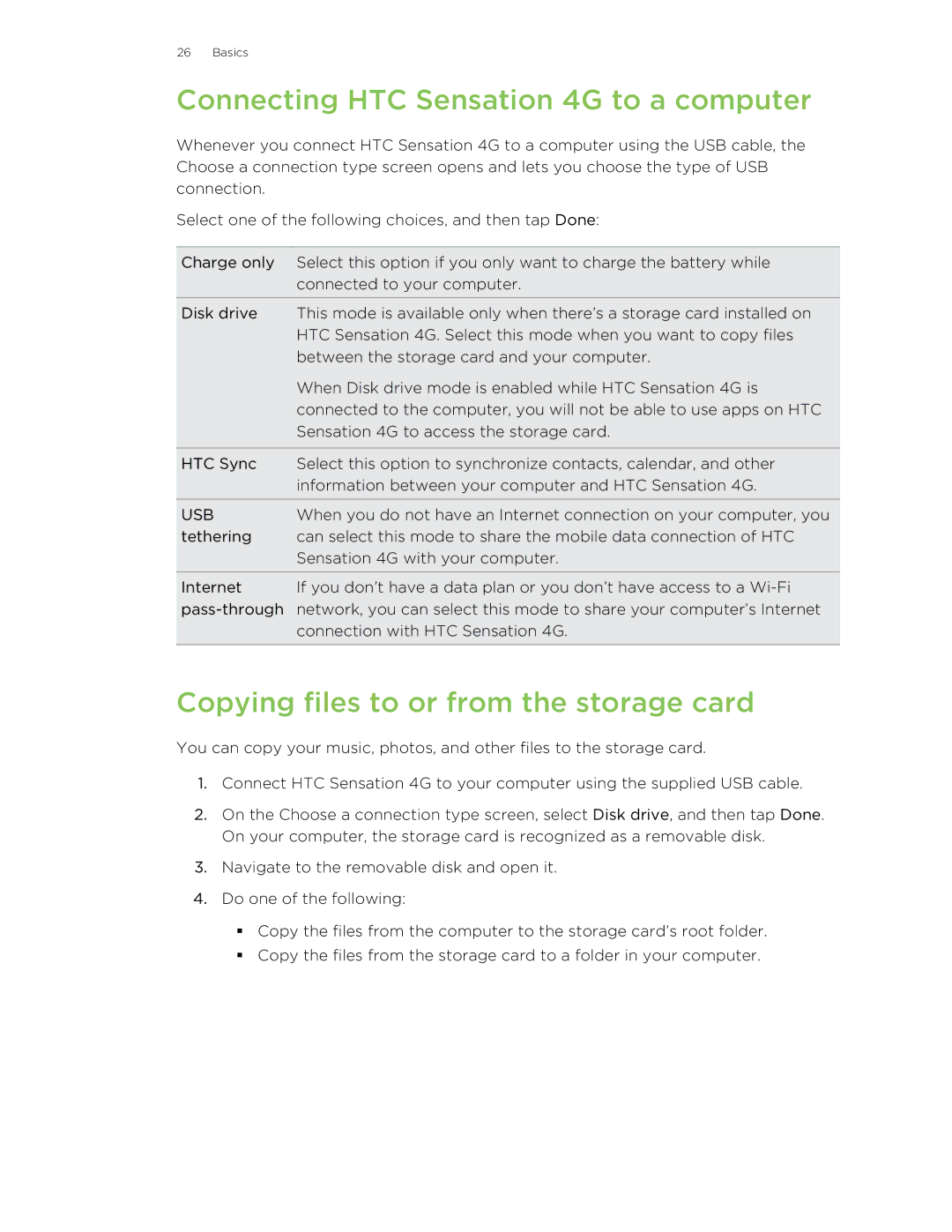 HTC 99HNA034-00 manual Connecting HTC Sensation 4G to a computer, Copying files to or from the storage card 