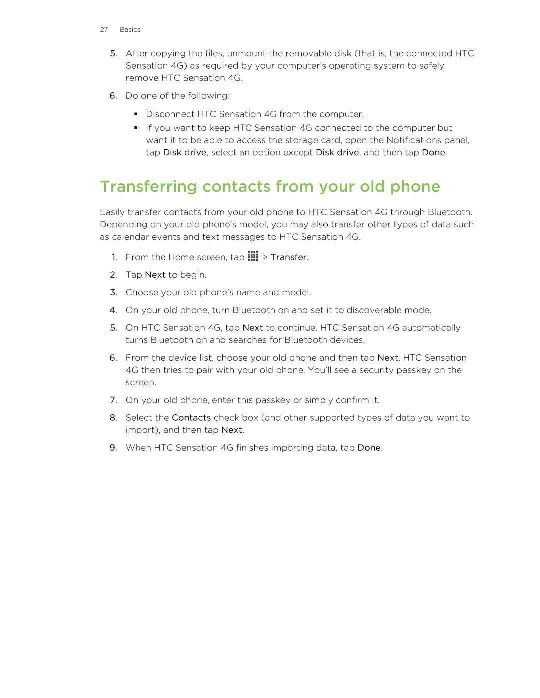 HTC 99HNA034-00 manual Transferring contacts from your old phone 