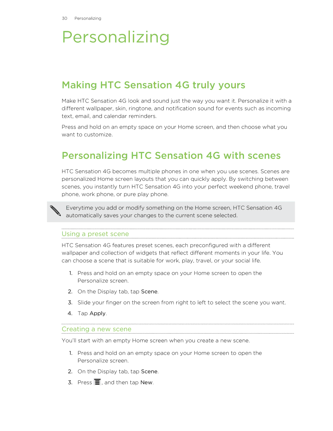 HTC 99HNA034-00 Making HTC Sensation 4G truly yours, Personalizing HTC Sensation 4G with scenes, Using a preset scene 