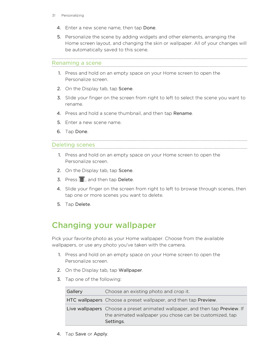 HTC 99HNA034-00 manual Changing your wallpaper, Renaming a scene, Deleting scenes 