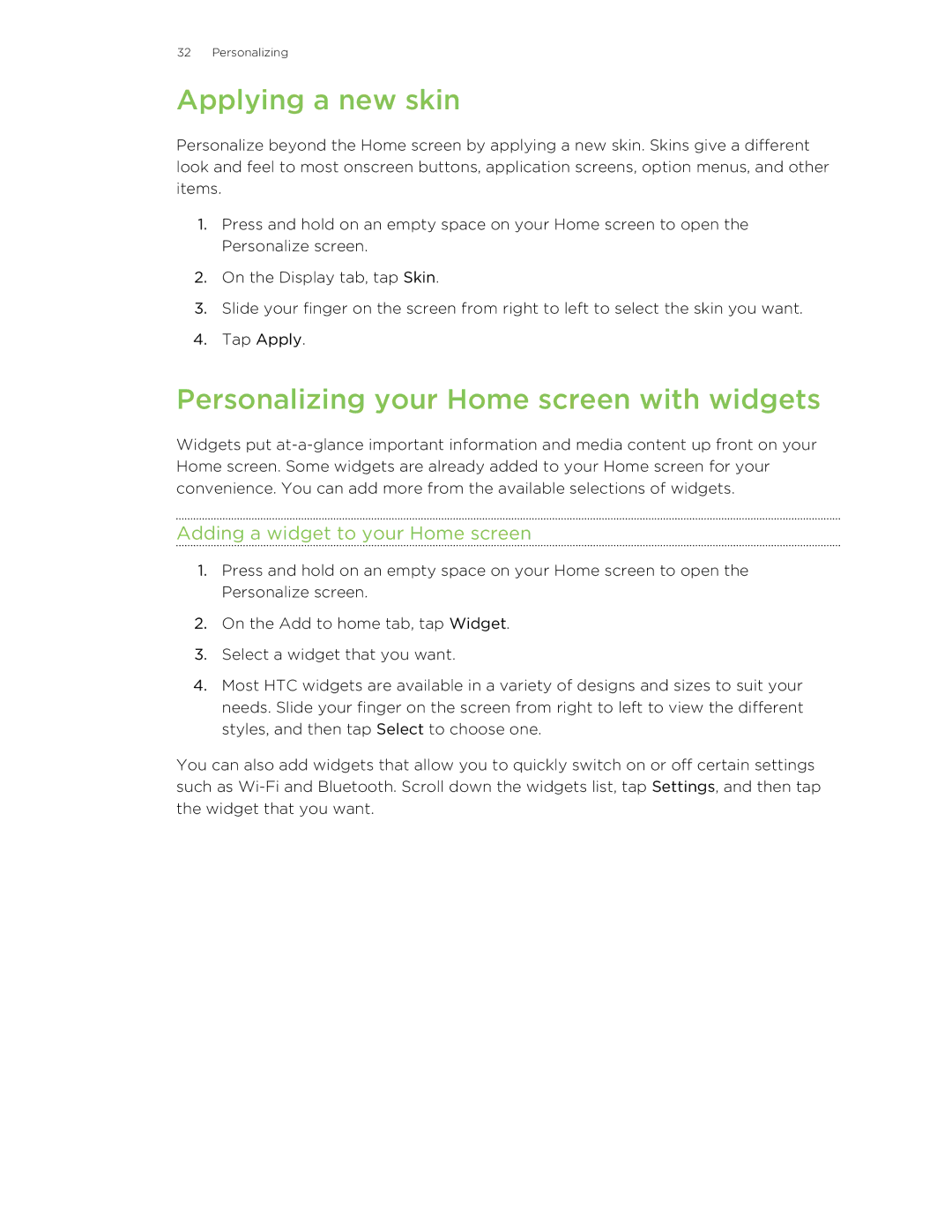 HTC 99HNA034-00 Applying a new skin, Personalizing your Home screen with widgets, Adding a widget to your Home screen 