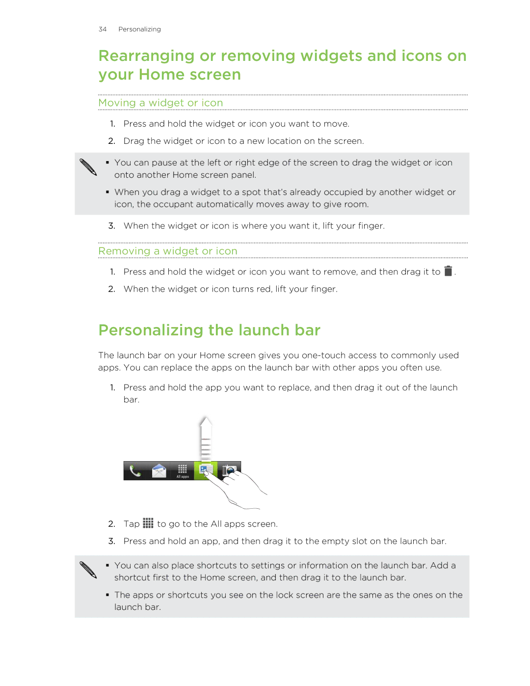 HTC 99HNA034-00 manual Personalizing the launch bar, Moving a widget or icon, Removing a widget or icon 