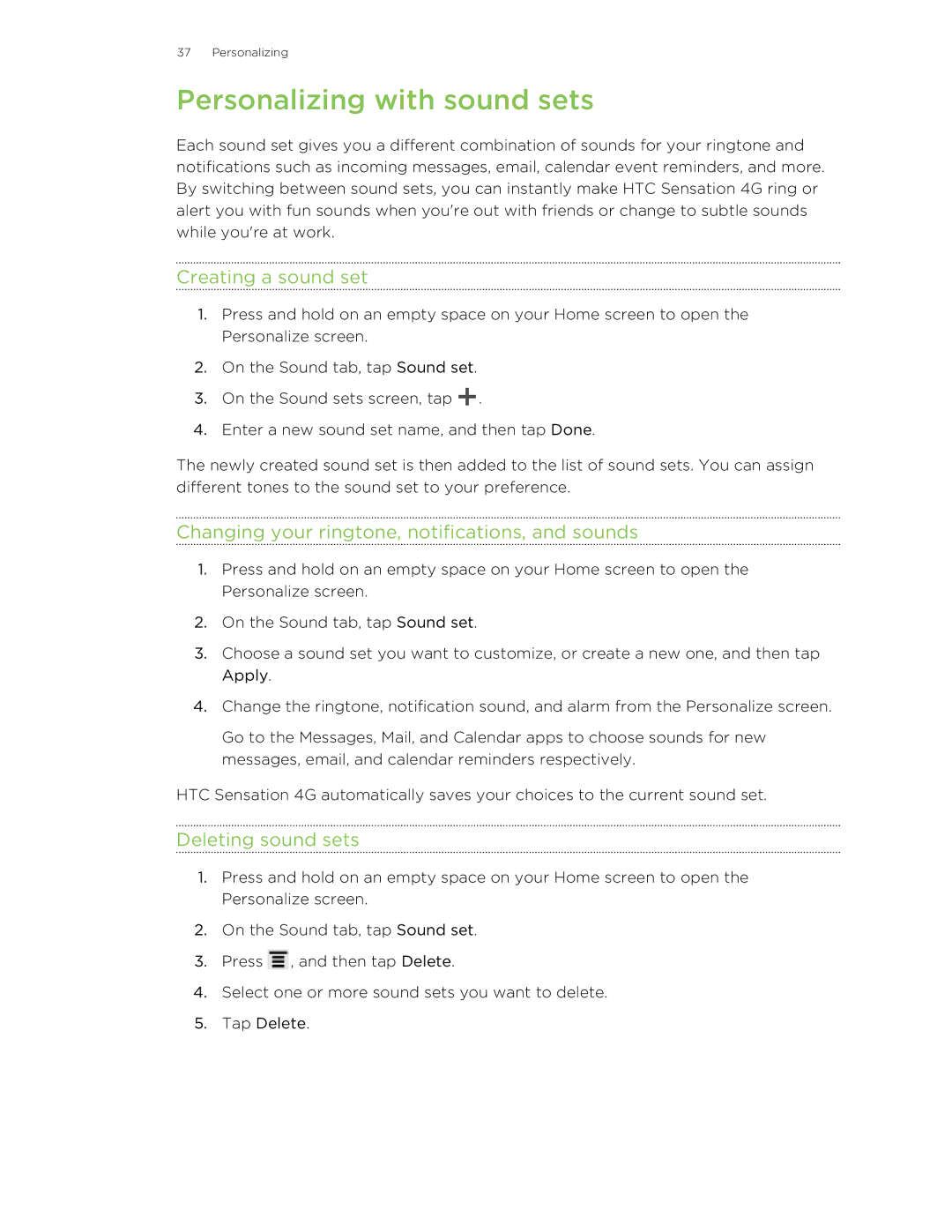 HTC 99HNA034-00 Personalizing with sound sets, Creating a sound set, Changing your ringtone, notifications, and sounds 