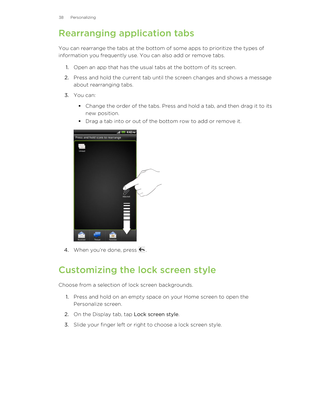 HTC 99HNA034-00 manual Rearranging application tabs, Customizing the lock screen style 