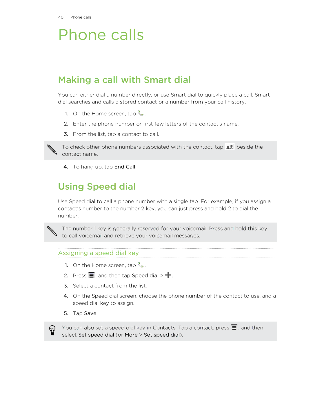 HTC 99HNA034-00 manual Phone calls, Making a call with Smart dial, Using Speed dial, Assigning a speed dial key 