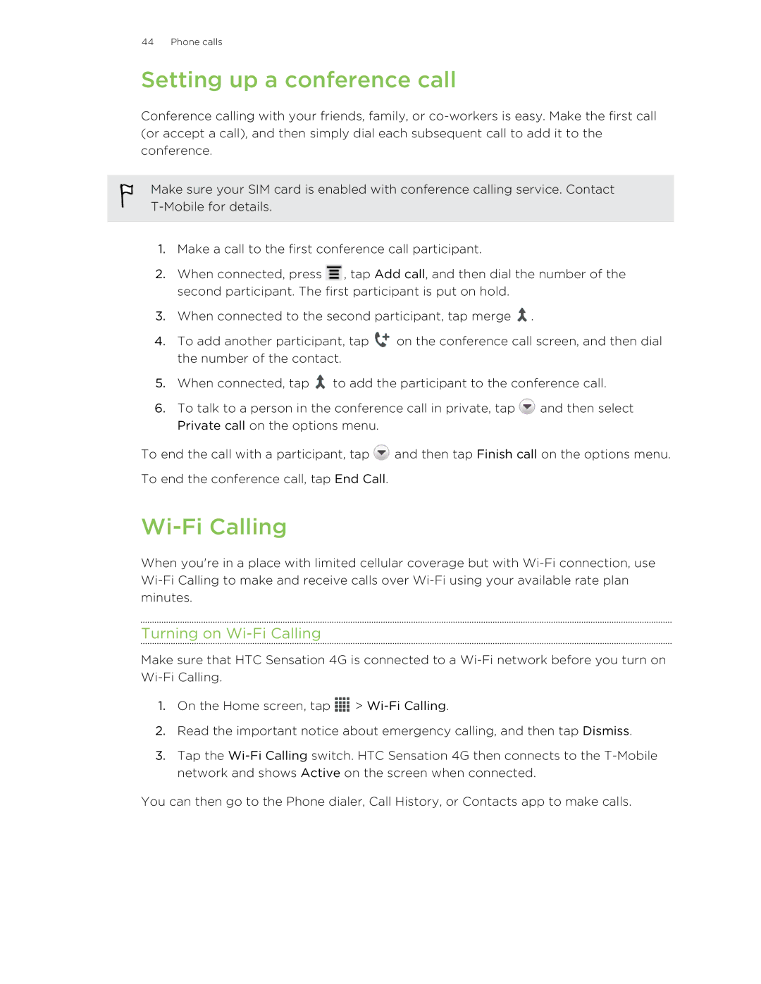 HTC 99HNA034-00 manual Setting up a conference call, Turning on Wi-Fi Calling 