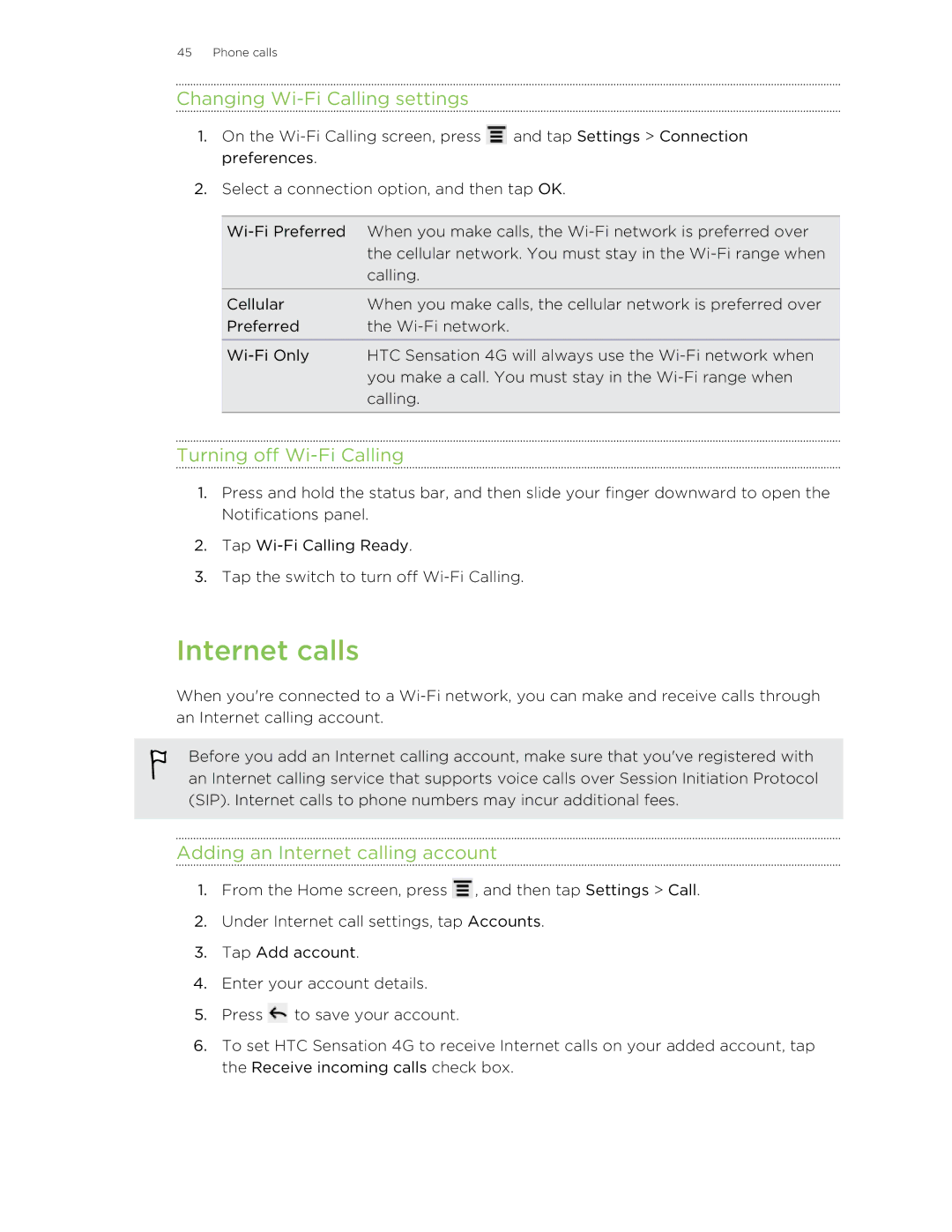 HTC 99HNA034-00 manual Internet calls, Changing Wi-Fi Calling settings, Turning off Wi-Fi Calling 