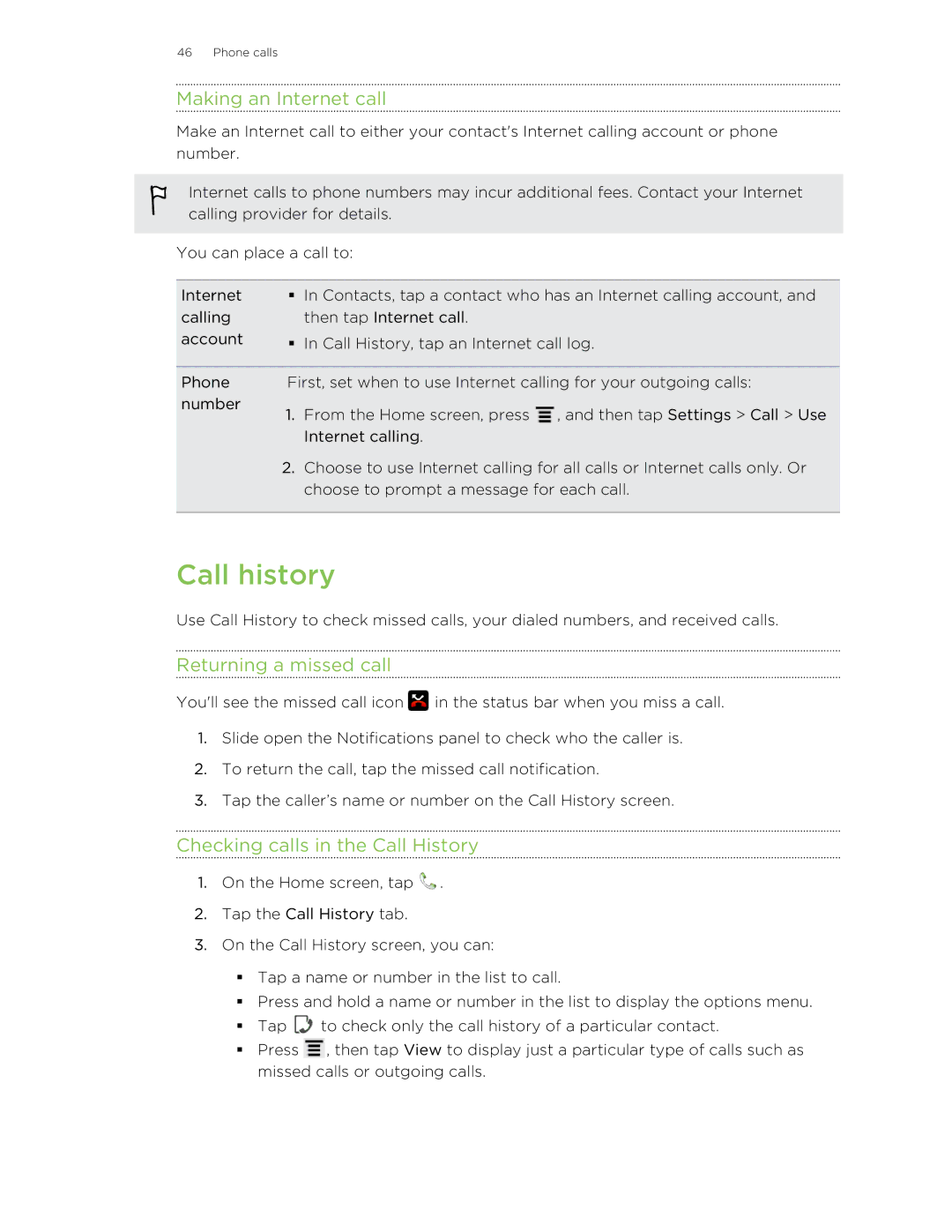 HTC 99HNA034-00 manual Call history, Making an Internet call, Returning a missed call, Checking calls in the Call History 