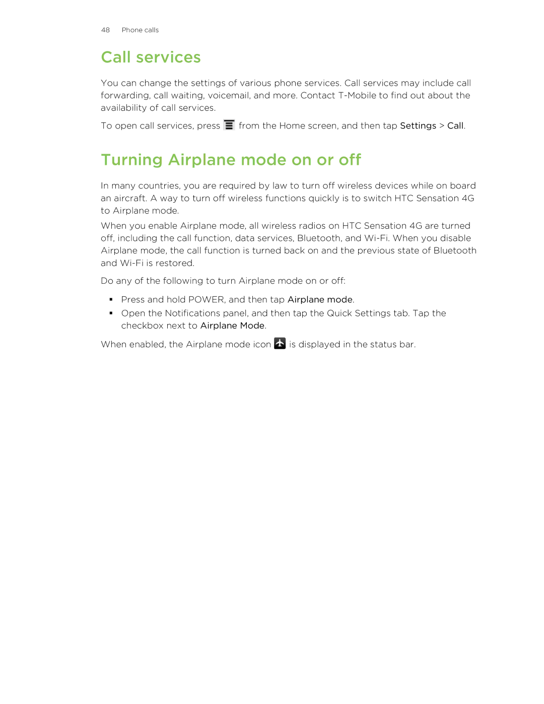 HTC 99HNA034-00 manual Call services, Turning Airplane mode on or off 