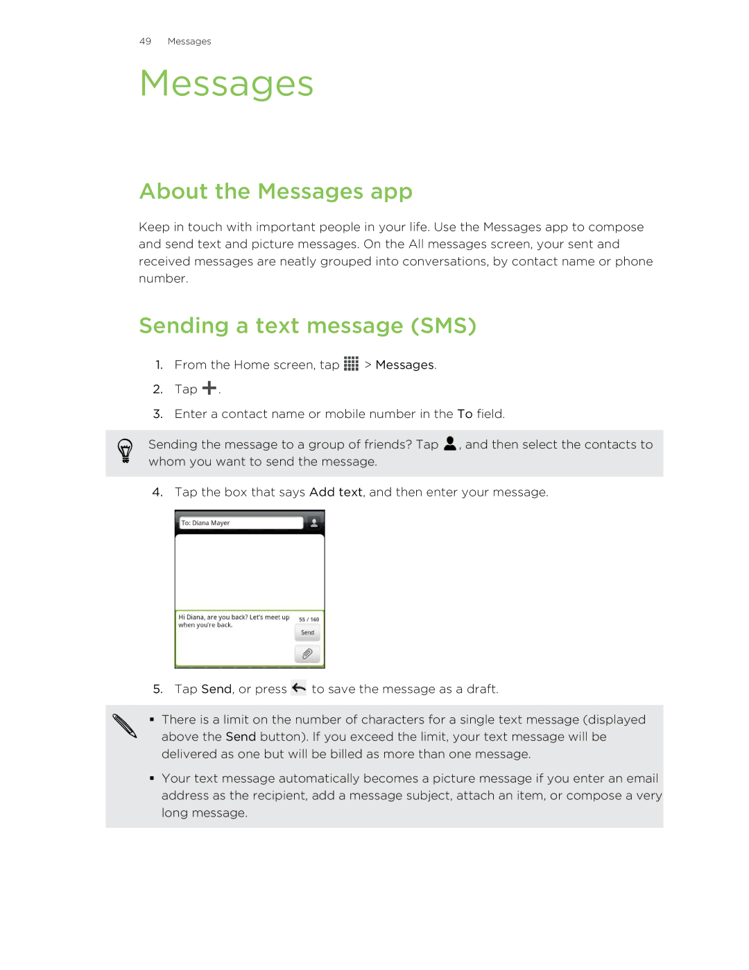 HTC 99HNA034-00 manual About the Messages app, Sending a text message SMS 