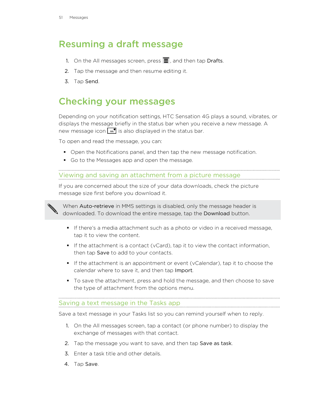 HTC 99HNA034-00 Resuming a draft message, Checking your messages, Viewing and saving an attachment from a picture message 