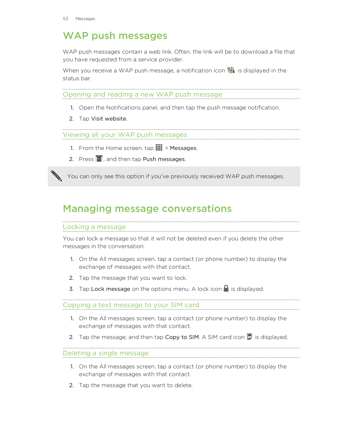 HTC 99HNA034-00 manual WAP push messages, Managing message conversations 