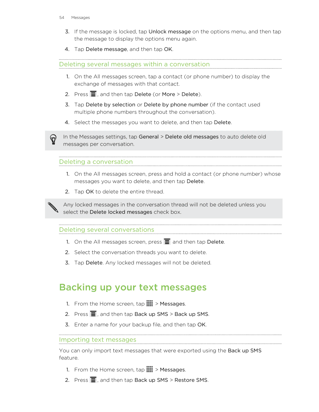 HTC 99HNA034-00 Backing up your text messages, Deleting several messages within a conversation, Deleting a conversation 