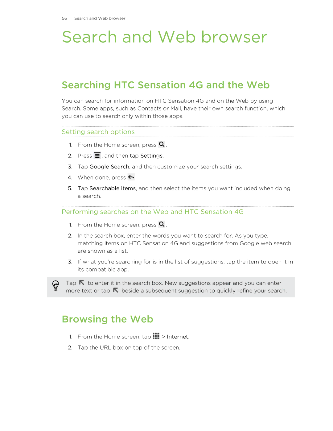 HTC 99HNA034-00 Search and Web browser, Searching HTC Sensation 4G and the Web, Browsing the Web, Setting search options 