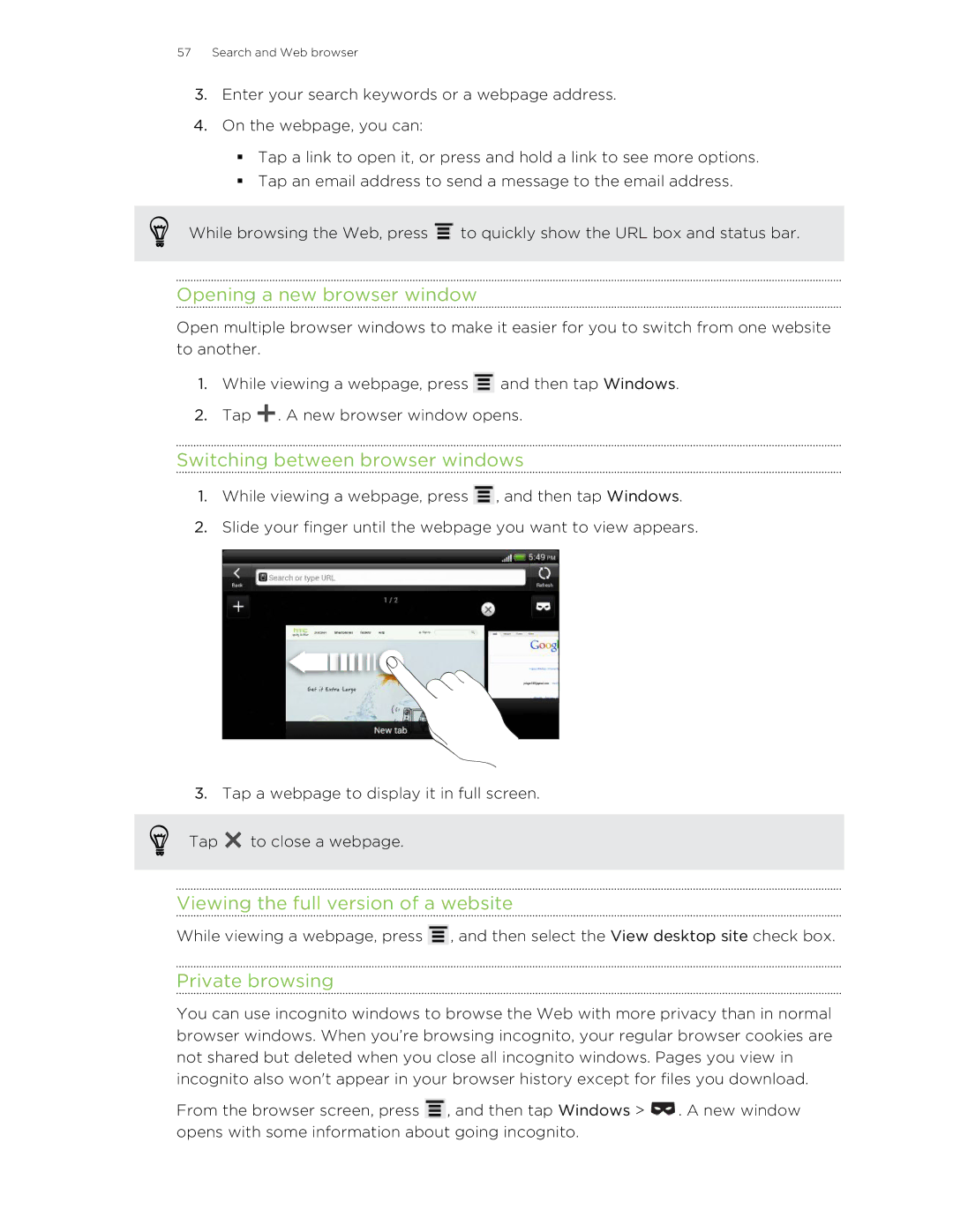 HTC 99HNA034-00 Opening a new browser window, Switching between browser windows, Viewing the full version of a website 